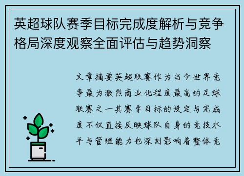 英超球队赛季目标完成度解析与竞争格局深度观察全面评估与趋势洞察